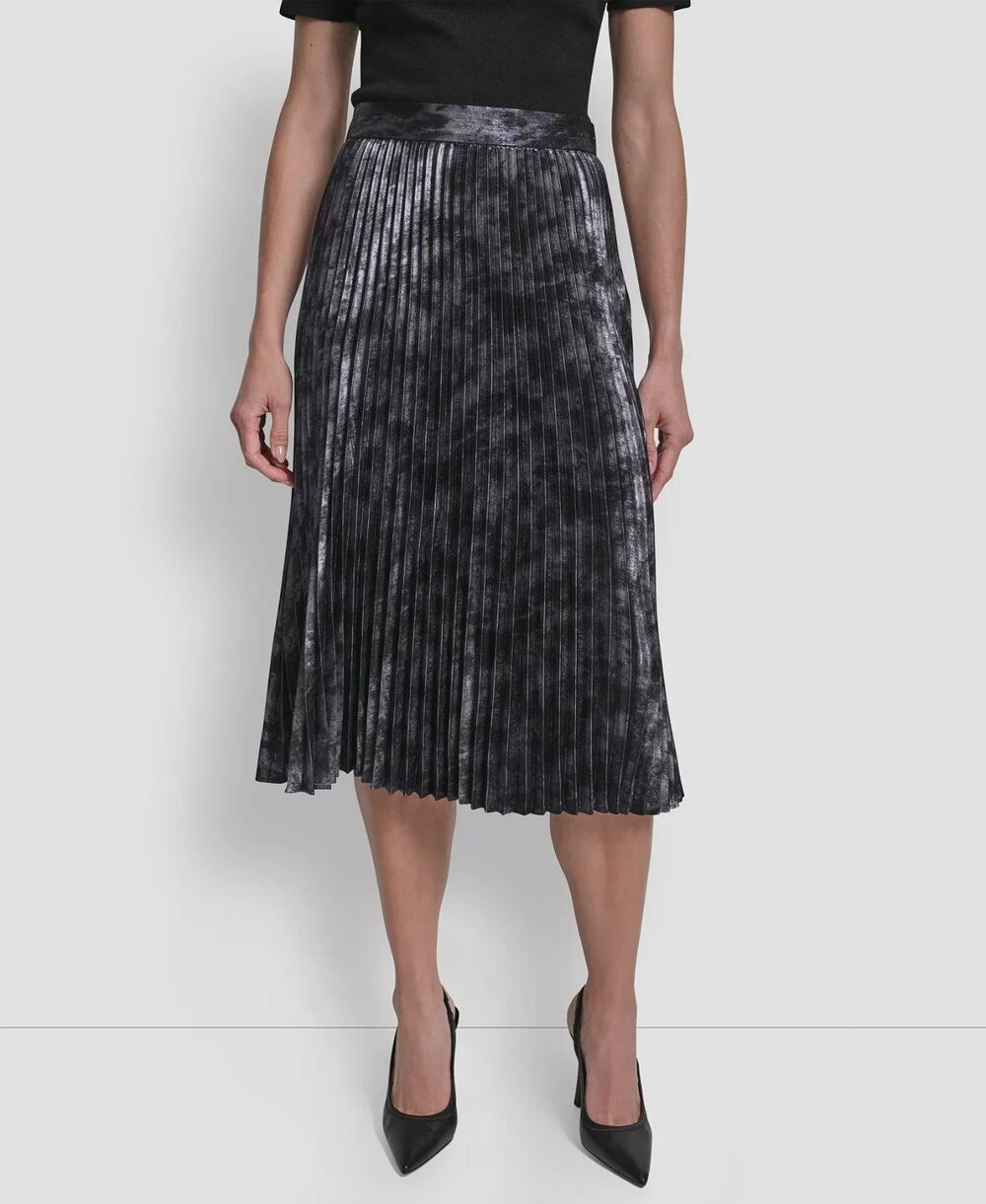DKNY A-Line Midi Skirt Womens Large Gunmetal Gray Pleated Shiny Metallic NWT